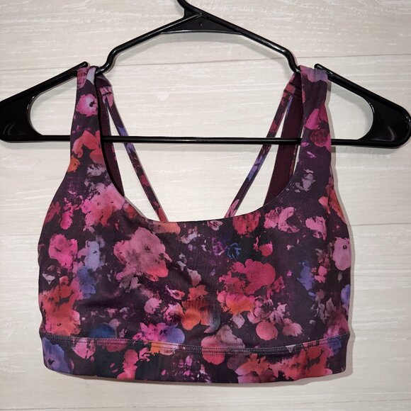 Athleta Women's Exhale Printed Sports Bra Floral Purple Pink Supportive Strappy - Picture 2 of 5